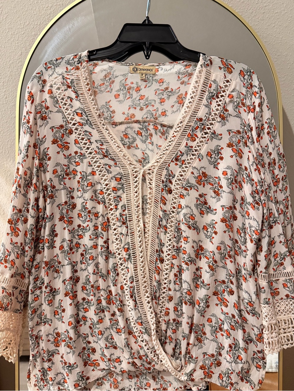 Democracy Cream Tunic with Orange Floral Print and Crochet Trim